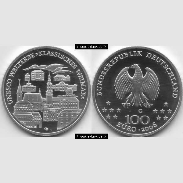 Grau bzw. s/w Deutschland 100 Euro Goldmünze 2006, UNESCO Klassisches Weimar. Vorderseite und Rückseite der 100 Euro Goldmünze aus Deutschland der BRD auf einen Bild zum katalogisieren.... Sammlung Graustufen