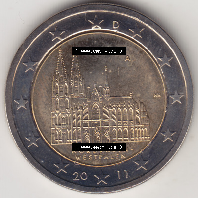 Deutschland 2011, 2 Euro Gedenkmünze 2011 Nordrhein-Westfalen Münzzeichen - Mzz. A für Prägestätte Berlin in 1200DPI. 2 Euro... Sammlung