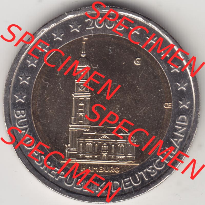 Deutschland 2008, 2 Euro Gedenkmünze 2008 Hamburg Münzzeichen - Mzz. G für Prägestätte Karlsruhe in 1200DPI. 2 Euro Gedenkmünze der BRD im Katalog auf... Sammlung