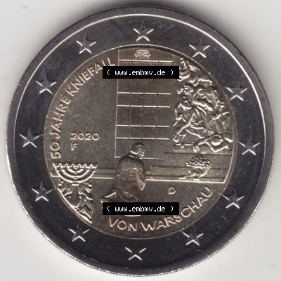 Deutschland 2020, 2 Euro Gedenkmünze 2020, 50 Jahre Kniefall von Warschau Münzzeichen - Mzz. F für Prägestätte Stuttgart in 1200DPI. 2 Euro Gedenkmünze... Sammlung