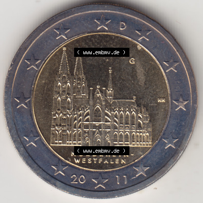 Deutschland 2011, 2 Euro Gedenkmünze 2011 Nordrhein-Westfalen Münzzeichen - Mzz. G für Prägestätte Karlsruhe in 1200DPI.... Sammlung