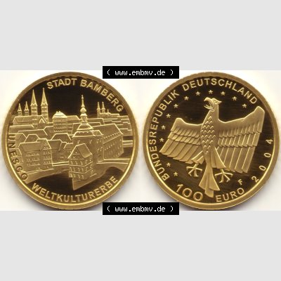 Deutschland 100 Euro Goldmünze 2004, UNESCO Bamberg. Vorderseite und Rückseite der 100 Euro Goldmünze aus Deutschland der BRD auf einen Bild zum katalogisieren. Hier... Sammlung