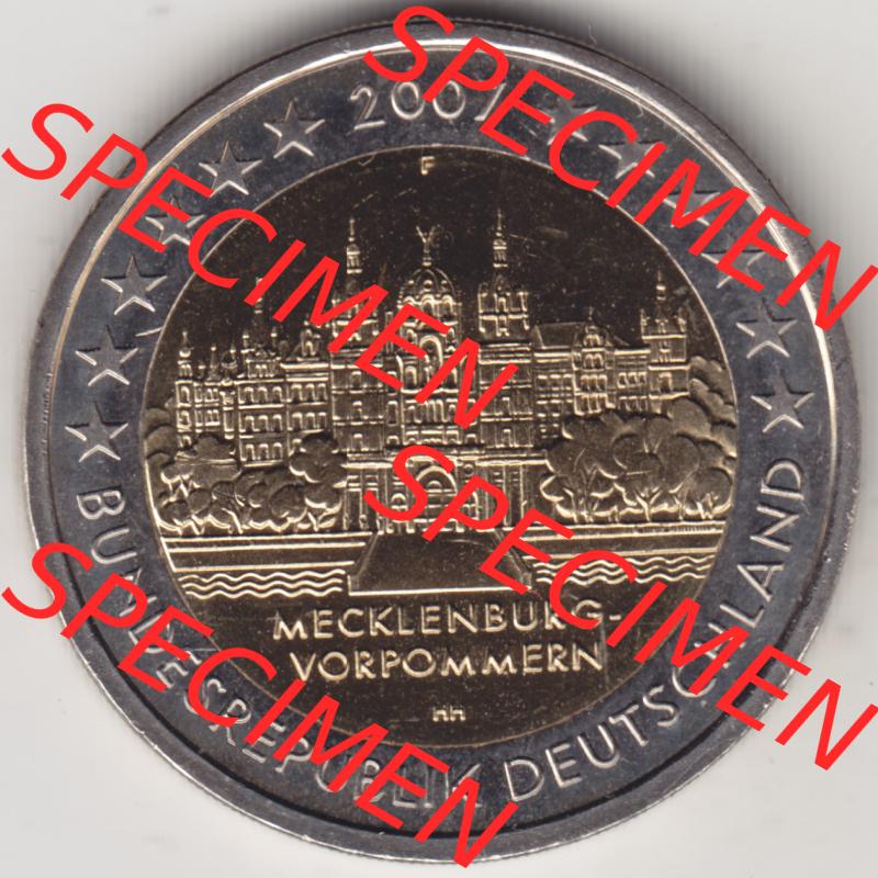 Deutschland 2007, 2 Euro Gedenkmünze 2007 Mecklenburg Vorpommern Münzzeichen - Mzz. F für Prägestätte Stuttgart in 1200DPI. 2 Euro Gedenkmünze der BRD... Sammlung