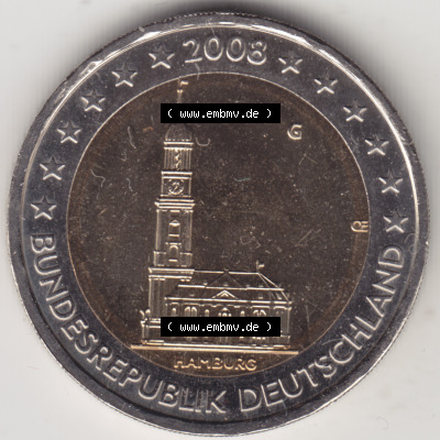 Deutschland 2008, 2 Euro Gedenkmünze 2008 Hamburg Münzzeichen - Mzz. G für Prägestätte Karlsruhe in 1200DPI. 2 Euro Gedenkmünze... Sammlung