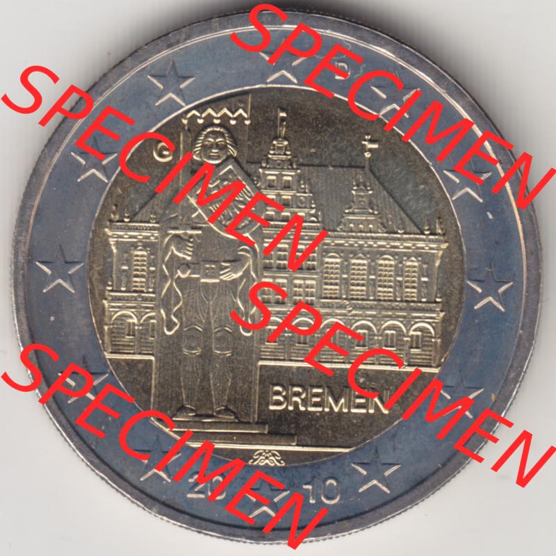 Deutschland 2010, 2 Euro Gedenkmünze Bremen Münzzeichen - Mzz. G für Prägestätte Karlsruhe in 1200DPI. 2 Euro Gedenkmünze der BRD im Katalog auf EMBMV... Sammlung