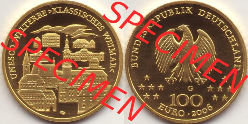 Deutschland 100 Euro Goldmünze 2006, UNESCO Klassisches Weimar. Vorderseite und Rückseite der 100 Euro Goldmünze aus Deutschland der BRD auf einen Bild zum katalogisieren.... Sammlung