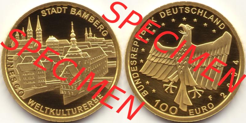 Deutschland 100 Euro Goldmünze 2004, UNESCO Bamberg. Vorderseite und Rückseite der 100 Euro Goldmünze aus Deutschland der BRD auf einen Bild zum katalogisieren. Hier... Sammlung