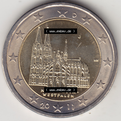 Deutschland 2011, 2 Euro Gedenkmünze 2011 Nordrhein-Westfalen Münzzeichen - Mzz. J für Prägestätte Hamburg in 1200DPI. 2... Sammlung
