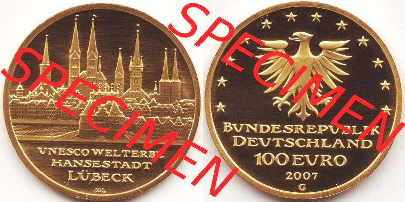 Deutschland 100 Euro Goldmünze 2007, UNESCO Hansestadt Lübeck. Vorderseite und Rückseite der 100 Euro Goldmünze aus Deutschland der BRD auf einen Bild zum katalogisieren.... Sammlung