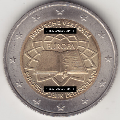 Deutschland 2007, 2 Euro Gedenkmünze 2007 50 Jahre Römische Verträge Münzzeichen - Mzz. J für Prägestätte Hamburg in 1200DPI.... Sammlung