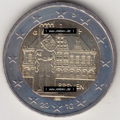 Deutschland 2010, 2 Euro Gedenkmünze Bremen Münzzeichen - Mzz. G für Prägestätte Karlsruhe in 1200DPI. 2 Euro Gedenkmünze der BRD im Katalog auf EMBMV... Sammlung