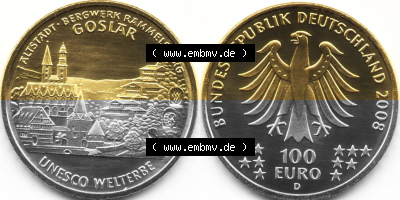 Deutschland 100 Euro Goldmünze 2008, UNESCO Altstadt Goslar. Vorderseite und Rückseite der 100 Euro Goldmünze aus Deutschland... Sammlung