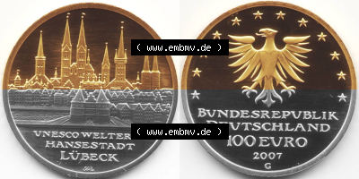 Deutschland 100 Euro Goldmünze 2007, UNESCO Hansestadt Lübeck. Vorderseite und Rückseite der 100 Euro Goldmünze aus Deutschland... Sammlung