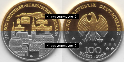 Deutschland 100 Euro Goldmünze 2006, UNESCO Klassisches Weimar. Vorderseite und Rückseite der 100 Euro Goldmünze aus Deutschland... Sammlung