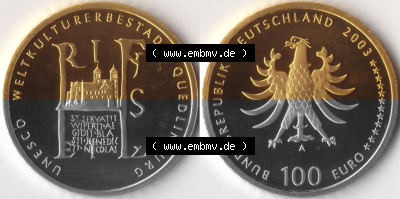 Deutschland 100 Euro Goldmünze 2003, UNESCO Quedlinburg. Vorderseite und Rückseite der 100 Euro Goldmünze aus Deutschland der... Sammlung