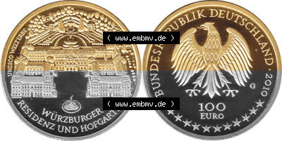 Deutschland 100 Euro Goldmünze 2010, UNESCO Welterbestätten Würzburg. Vorderseite und Rückseite der 100 Euro Goldmünze aus... Sammlung