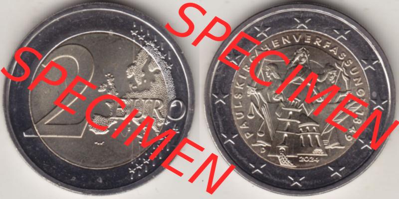 Deutschland 2024, J 175. Jubiläum Paulskirchenverfassung. Nominalwert-Seite und Motiv-Seite der 2 Euro Gedenkmünze aus Deutschland als digitales Bild, Bildmaterial zu... Sammlung