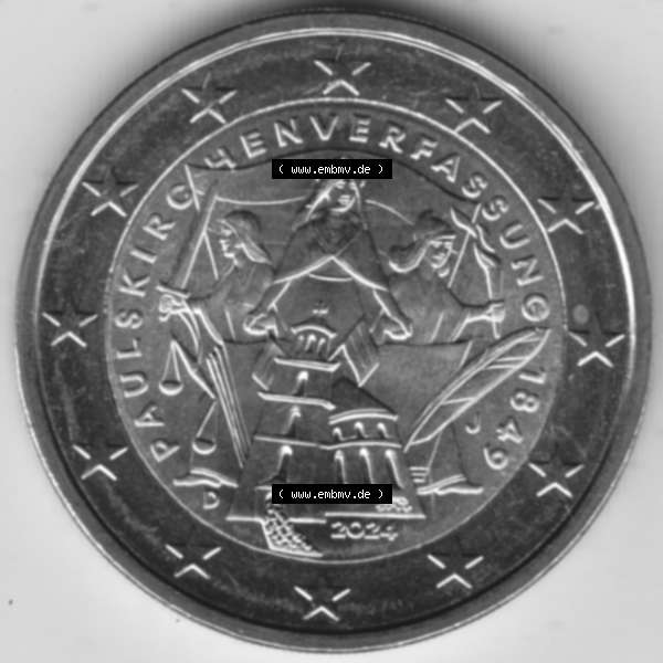 Grau bzw. s/w Deutschland 2024, J 175. Jubiläum Paulskirchenverfassung. Motivseite der 2 Euro Gedenkmünze aus Deutschland als digitales Bild, Bildmaterial zu herunterladen.... Sammlung Graustufen