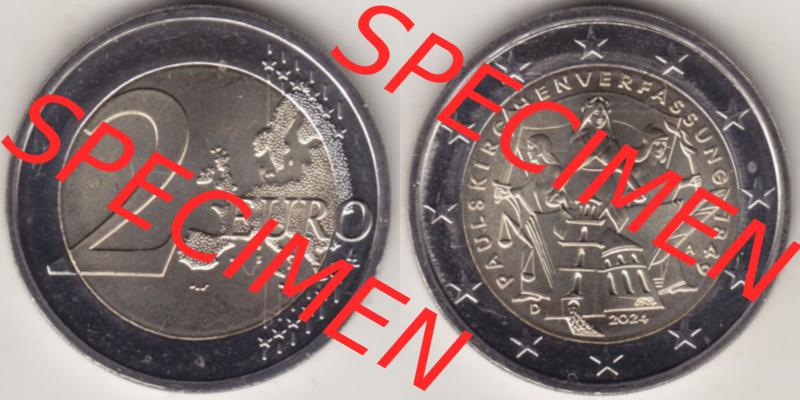Deutschland 2024, A 175. Jubiläum Paulskirchenverfassung. Nominalwert-Seite und Motiv-Seite der 2 Euro Gedenkmünze aus Deutschland als digitales Bild, Bildmaterial zu... Sammlung