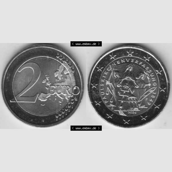 Grau bzw. s/w Deutschland 2024, F 175. Jubiläum Paulskirchenverfassung. Nominalwert-Seite und Motiv-Seite der 2 Euro Gedenkmünze aus Deutschland als digitales Bild, Bildmaterial zu... Sammlung Graustufen