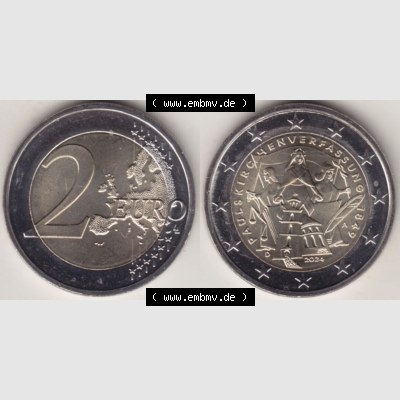 Deutschland 2024, A 175. Jubiläum Paulskirchenverfassung. Nominalwert-Seite und Motiv-Seite der 2 Euro Gedenkmünze aus Deutschland als digitales Bild, Bildmaterial zu... Sammlung