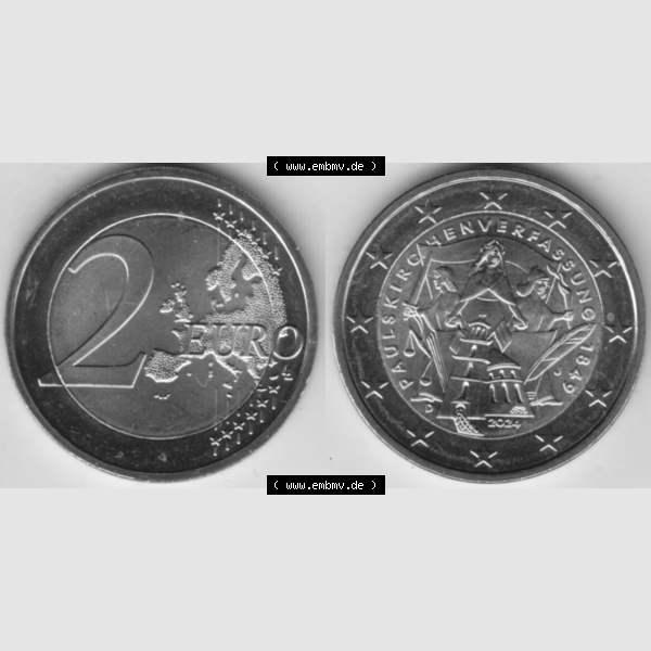 Grau bzw. s/w Deutschland 2024, J 175. Jubiläum Paulskirchenverfassung. Nominalwert-Seite und Motiv-Seite der 2 Euro Gedenkmünze aus Deutschland als digitales Bild, Bildmaterial zu... Sammlung Graustufen