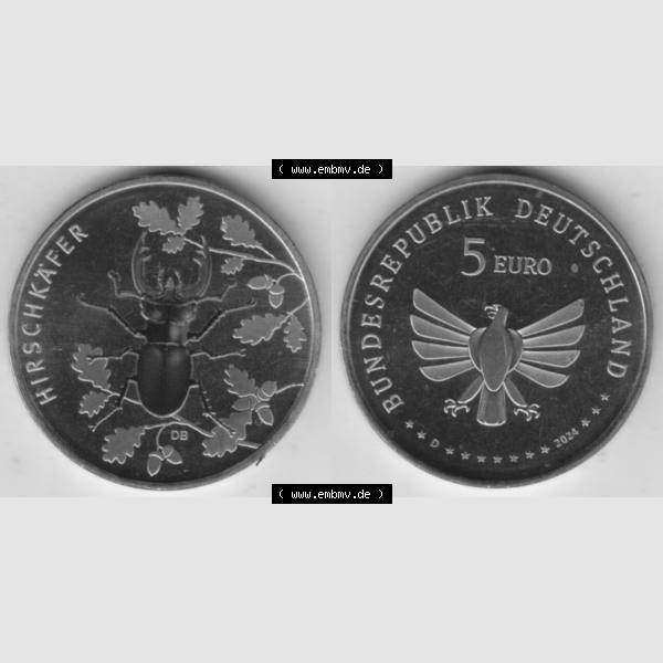 Grau bzw. s/w Deutschland 2024, D 5 Euro Hirschkäfer. VS+RS auf einen digitalen Bild der 5 Euro Münzen, Gedenkmünze Hirschkäfer aus der deutschen Serie Wunderwelt Insekten Sammlung Graustufen