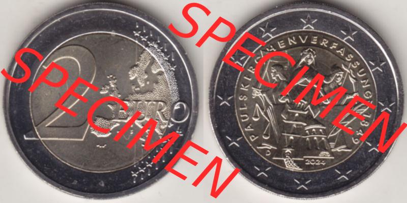 Deutschland 2024, G 175. Jubiläum Paulskirchenverfassung. Nominalwert-Seite und Motiv-Seite der 2 Euro Gedenkmünze aus Deutschland als digitales Bild, Bildmaterial zu... Sammlung