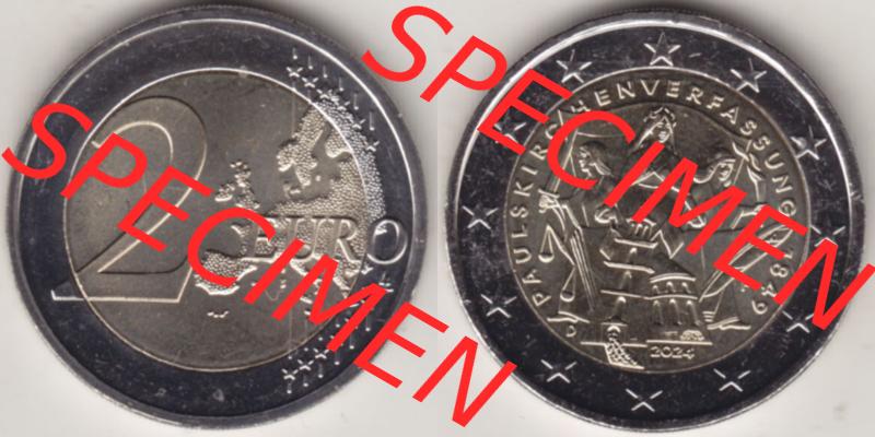 Deutschland 2024, F 175. Jubiläum Paulskirchenverfassung. Nominalwert-Seite und Motiv-Seite der 2 Euro Gedenkmünze aus Deutschland als digitales Bild, Bildmaterial zu... Sammlung