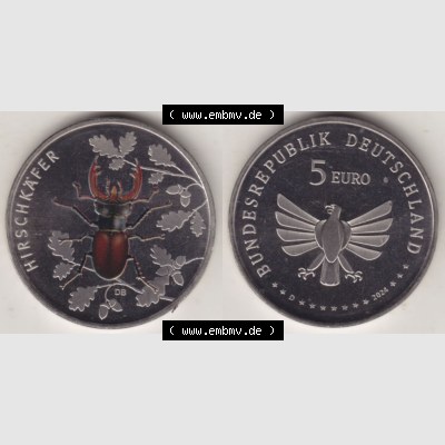 Deutschland 2024, D 5 Euro Hirschkäfer. VS+RS auf einen digitalen Bild der 5 Euro Münzen, Gedenkmünze Hirschkäfer aus der deutschen Serie Wunderwelt Insekten Sammlung