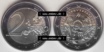 2024, J 175. Jubiläum Paulskirchenverfassung, 2 Euro Gedenkmünze aus Deutschland als digitales Bild, Bildmaterial Sammlung
