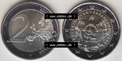 2024, F 175. Jubiläum Paulskirchenverfassung, 2 Euro Gedenkmünze aus Deutschland als digitales Bild, Bildmaterial Sammlung