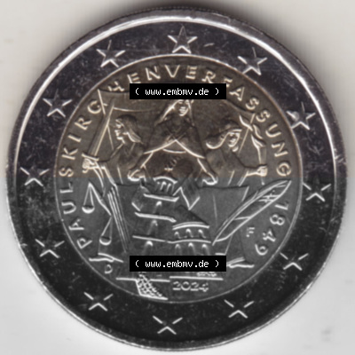 2024, F 175. Jubiläum Paulskirchenverfassung, 2 Euro Gedenkmünze aus Deutschland als digitales Bild, Bildmaterial Sammlung