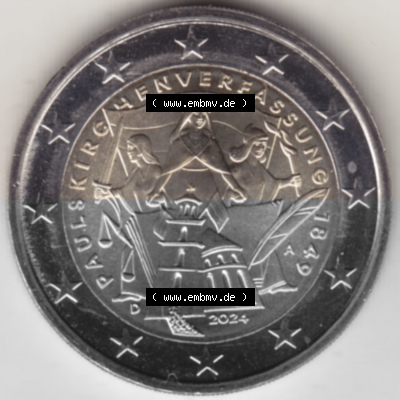 2024, A 175. Jubiläum Paulskirchenverfassung, 2 Euro Gedenkmünze aus Deutschland als digitales Bild, Bildmaterial Sammlung