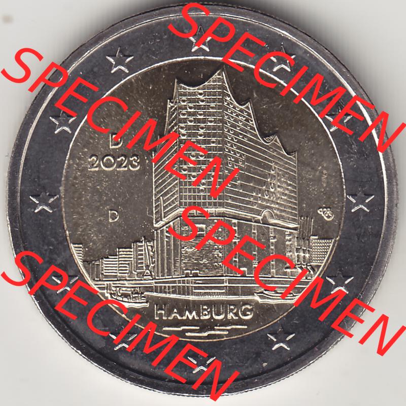 Deutschland 2023, 2 Euro Gedenkmünze 2023, Hamburg Mzz. D 2023, D Bundesland Hamburg. 2 Euro Gedenkmünze der BRD im Katalog auf EMBMV zum katalogisieren,... Sammlung