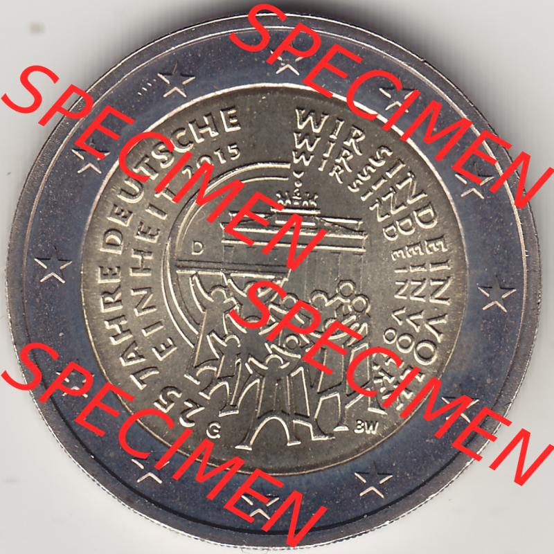 Deutschland 2015, 2 Euro Gedenkmünze 2015, 25 Deutsche Einheit der BRD mit der DDR 1990 Mzz. G 2015, G 25 Jahre Deutsche Einheit - Wir sind ein Volk. 2 Euro Gedenkmünze... Sammlung