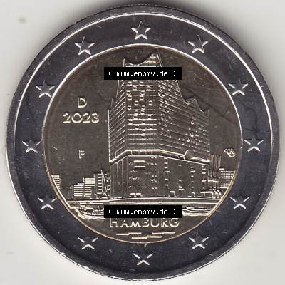Deutschland 2023, 2 Euro Gedenkmünze 2023, Hamburg Mzz. F 2023, F Bundesland Hamburg. 2 Euro Gedenkmünze der BRD im Katalog auf EMBMV zum katalogisieren,... Sammlung
