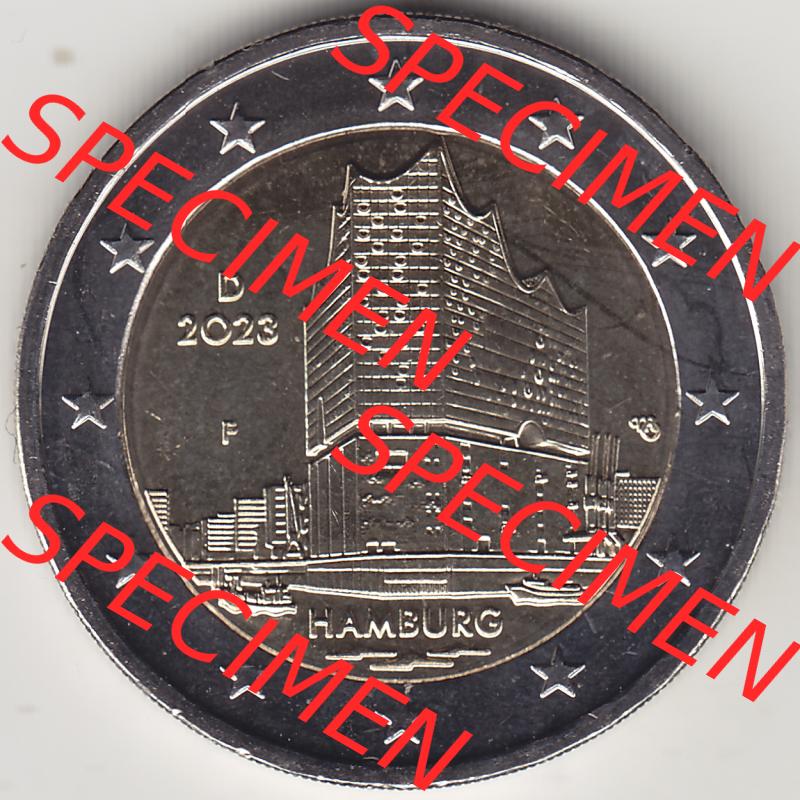 Deutschland 2023, 2 Euro Gedenkmünze 2023, Hamburg Mzz. F 2023, F Bundesland Hamburg. 2 Euro Gedenkmünze der BRD im Katalog auf EMBMV zum katalogisieren,... Sammlung