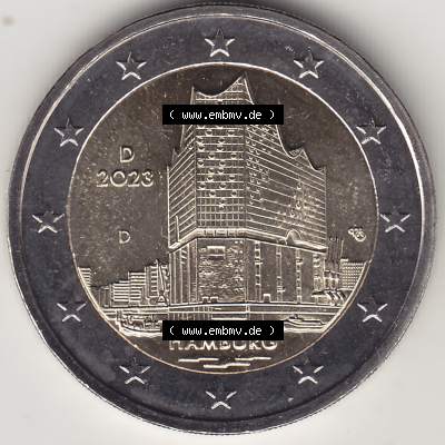 Deutschland 2023, 2 Euro Gedenkmünze 2023, Hamburg Mzz. D 2023, D Bundesland Hamburg. 2 Euro Gedenkmünze der BRD im Katalog auf EMBMV zum katalogisieren,... Sammlung