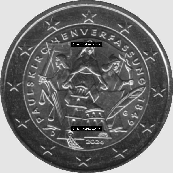 Grau bzw. s/w BRD-Deutschland 2 Euro Gedenkmünze 2024-2024, 2 Euro G Münzstätte Karlsruhe, 175. Jubiläum Paulskirchenverfassung. Digitales PNG-Bild der 2 Euro Gedenkmünze... Sammlung Graustufen