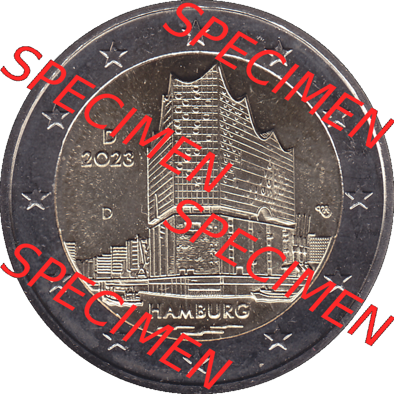 BRD-Deutschland 2 Euro Gedenkmünze 2023-2023, D Münzstätte München, Bundesland Hamburg. Digitales PNG-Bild der 2 Euro Gedenkmünze 2023. Das PNG-Bild ist... Sammlung