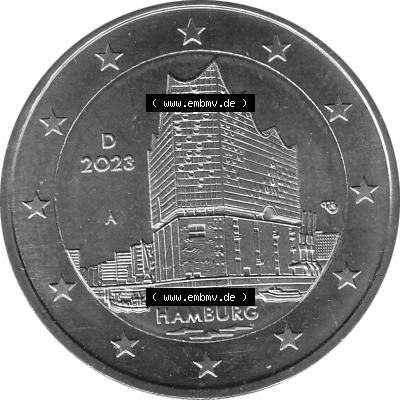 BRD-Deutschland 2 Euro Gedenkmünze 2023-2023, A Münzstätte Berlin, Bundesland Hamburg Graustufen. Digitales Graustufen PNG-Bild der 2 Euro Gedenkmünze 2023.... Sammlung
