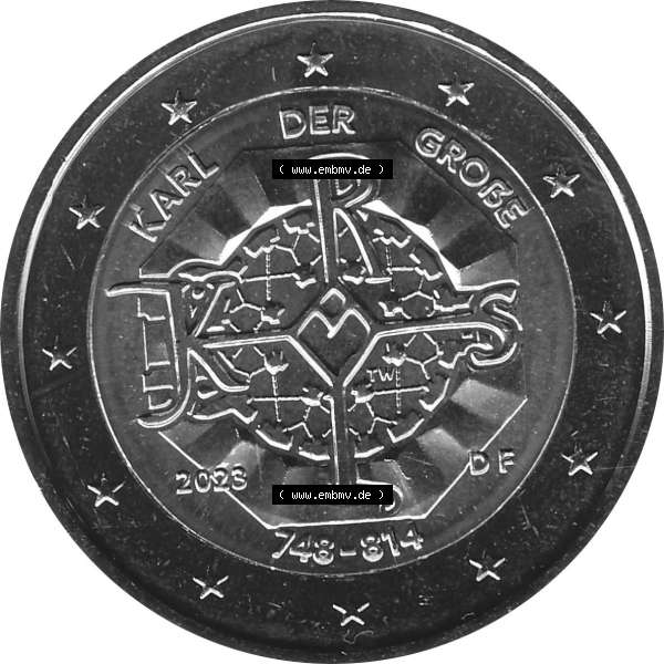Grau bzw. s/w BRD-Deutschland 2 Euro Gedenkmünze 2023-2023, F Münzstätte Stuttgart, Karl der Große 748-814. Digitales JPG-Bild in Farbe der 2 Euro Gedenkmünze 2023.... Sammlung Graustufen
