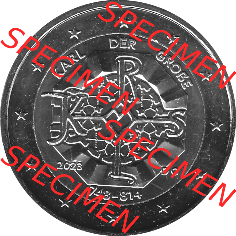 BRD-Deutschland 2 Euro Gedenkmünze 2023-2023, G Münzstätte Karlsruhe, Karl der Große 748-814 Graustufen. Digitales Graustufen PNG-Bild der 2 Euro Gedenkmünze... Sammlung