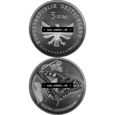 Deutschland 2023-2023, 5 Euro G Schwalbenschwanz Schmetterling Graustufen. Digitales PNG-Bild aus Bild von Farbe in Graustufen umgewandelt mit Vorderseite und Rückseite der 5 Euro Gedenkmünze... Sammlung