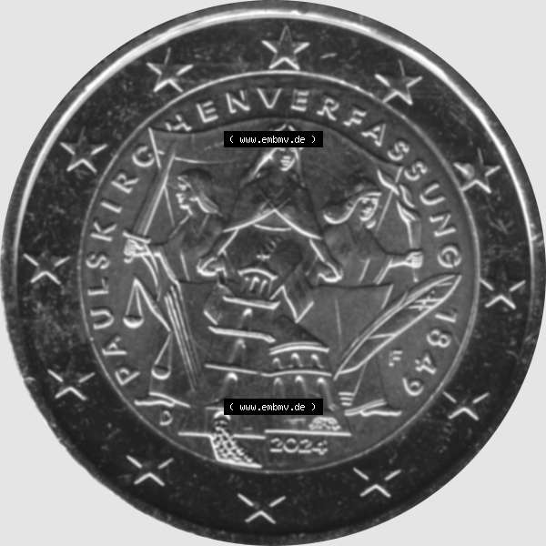 Grau bzw. s/w BRD-Deutschland 2 Euro Gedenkmünze 2024-2024, 2 Euro F Münzstätte Stuttgart, 175. Jubiläum Paulskirchenverfassung Graustufen. Digitales Graustufen PNG-Bild... Sammlung Graustufen