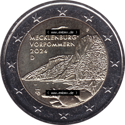 BRD-Deutschland 2 Euro Gedenkmünze 2024-2024, 2 Euro F Münzstätte Stuttgart, Mecklenburg-Vorpommern - Königsstuhl. Digitales PNG-Bild der 2 Euro Gedenkmünze... Sammlung