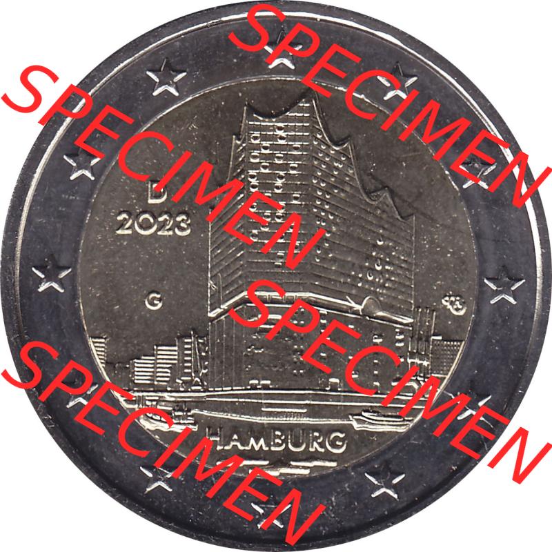 BRD-Deutschland 2 Euro Gedenkmünze 2023-2023, G Münzstätte Karlsruhe, Bundesland Hamburg. Digitales JPG-Bild in Farbe der 2 Euro Gedenkmünze 2023. Das JPG-Bild... Sammlung