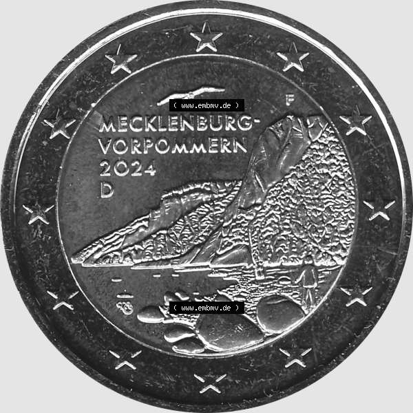 Grau bzw. s/w BRD-Deutschland 2 Euro Gedenkmünze 2024-2024, 2 Euro F Münzstätte Stuttgart, Mecklenburg-Vorpommern - Königsstuhl. Digitales PNG-Bild der 2 Euro Gedenkmünze... Sammlung Graustufen