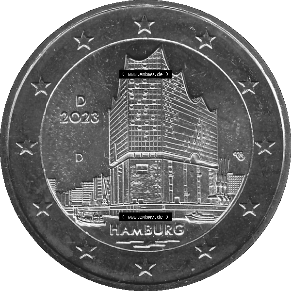 Grau bzw. s/w BRD-Deutschland 2 Euro Gedenkmünze 2023-2023, D Münzstätte München, Bundesland Hamburg. Digitales PNG-Bild der 2 Euro Gedenkmünze 2023. Das PNG-Bild ist... Sammlung Graustufen